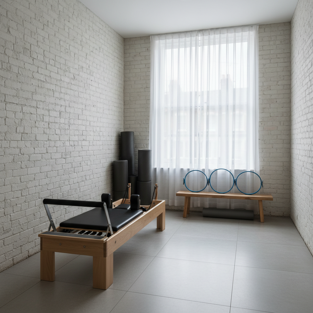 A minimalist Pilates therapy studio arranged for a one-on-one session, featuring a single reformer, a neatly stacked tower of foam rollers, and resistance rings resting on a low wooden bench. The room feels distinctly urban with exposed white brick walls and a distant, blurred hint of London townhouses through a tall window. Soft overcast daylight fills the space, diffused by sheer curtains, lending an even, flattering light across every surface. Photographic realism, composed using the rule of thirds from a slightly elevated corner angle to show the entire layout, creating a sense of privacy, focus, and individualized care in a clean, professional environment.
