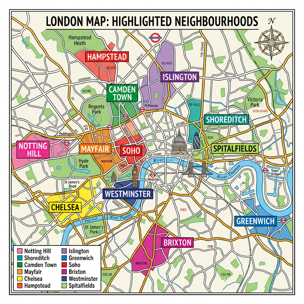 Map of London showing highlighted neighborhoods including Hampstead, Camden Town, Islington, Shoreditch, Spitalfields, Notting Hill, Mayfair, Soho, Chelsea, Brixton, Westminster, and Greenwich